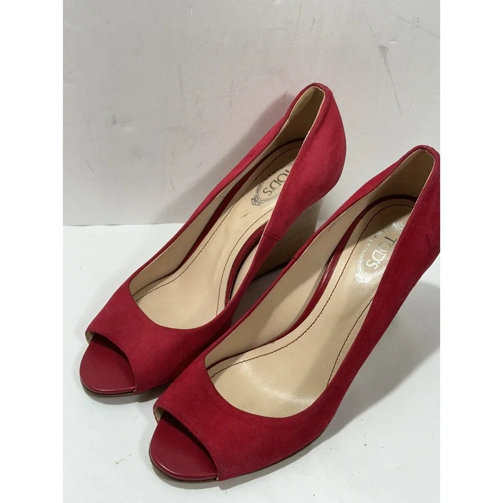 Tod's Crimson Red Suede Peep Toe Wedge Pumps Size 37 (US 7 ) Women's Shoes
